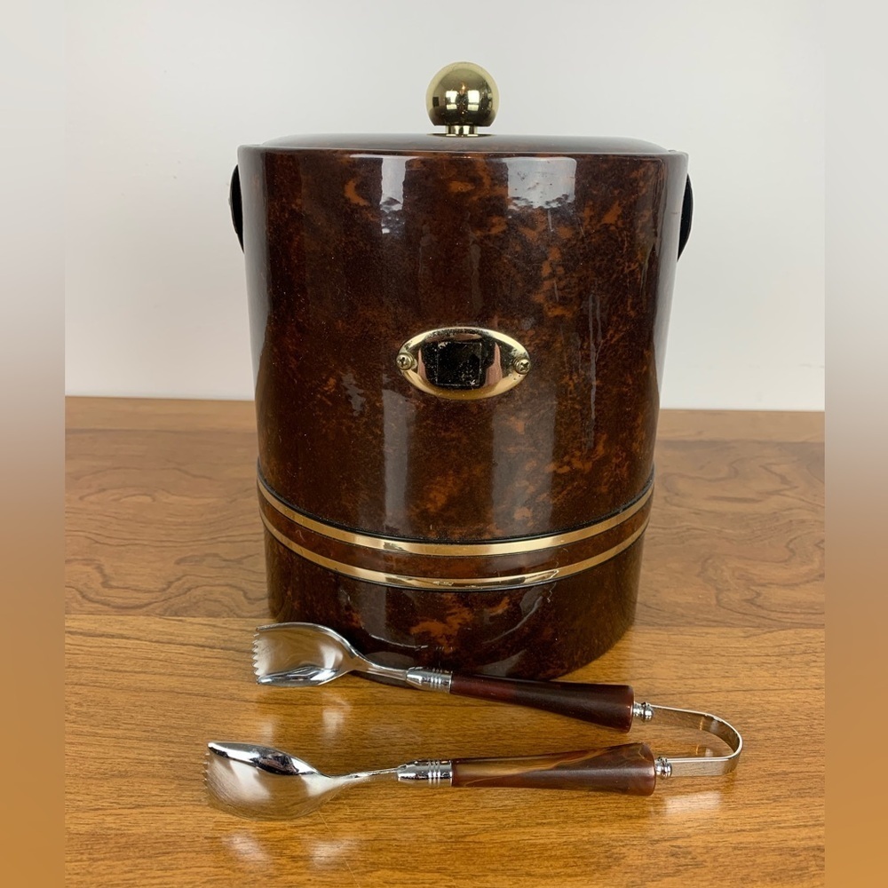 Georges Briard Ice Bucket Ice Tongs Made in USA Vintage Brown Gold Tone Details